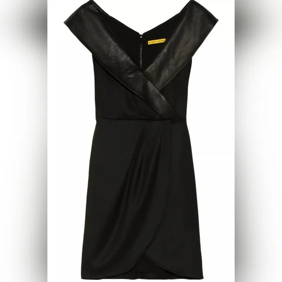 Alice + olivia Shayna Leather Trim Shawl Collar Faux Wrap Black Dress - Picture 13 of 15